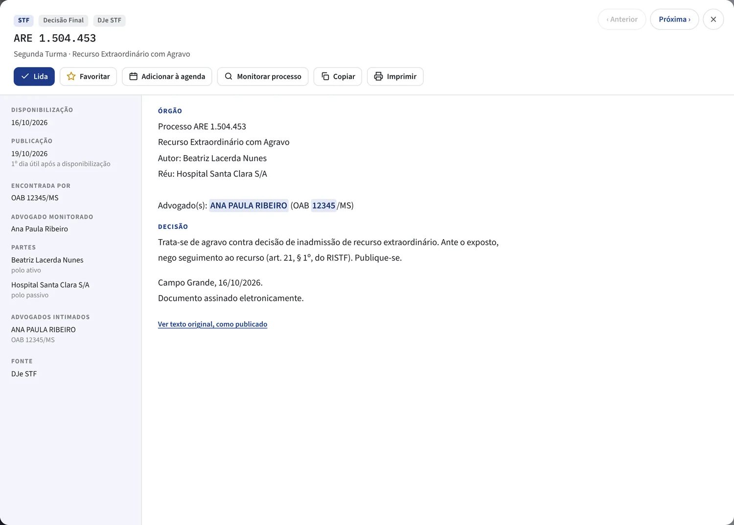 Publicação aberta com inteiro teor, data de disponibilização e data de publicação